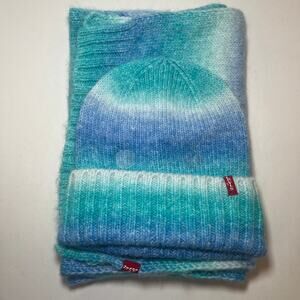 Levi's Women's Wool Blend Cuffed Beanie Hat and Scarf Set Blue Ombre
